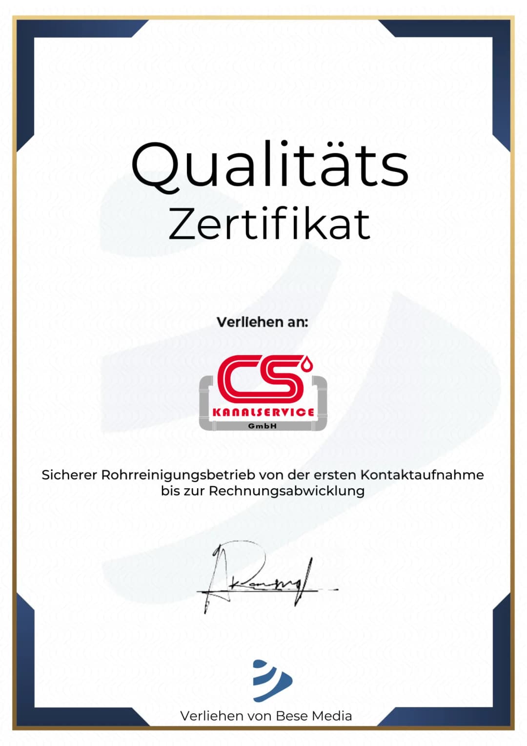 Qualitätszertifikat der Kanalservice CS GmbH